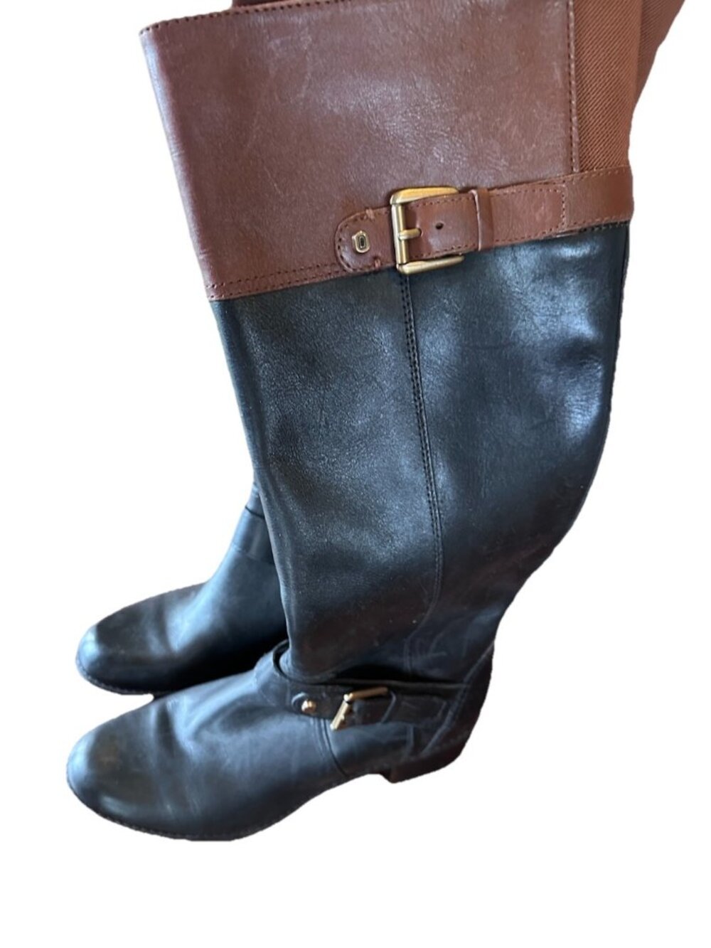 Bandolino Baya Two-Tone Black/Brown Leather Riding Boots Size 6